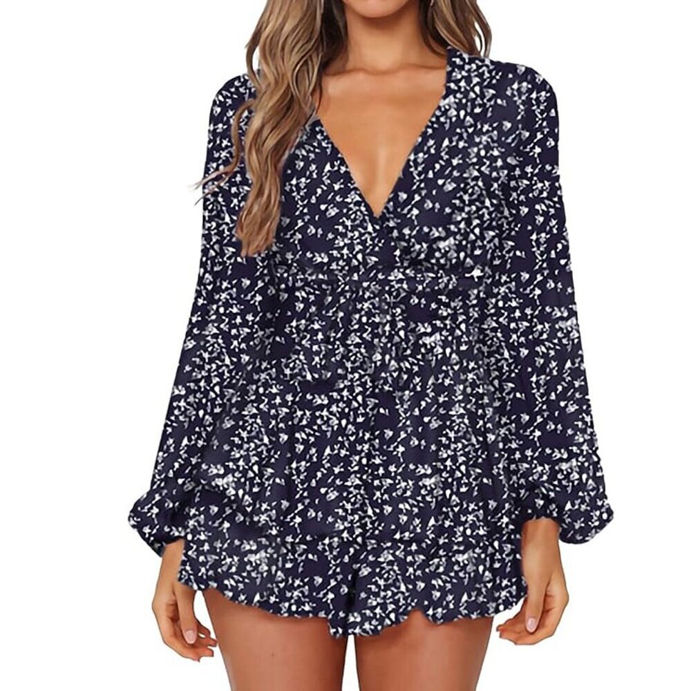 Relipop Navy Blue Floral Romper Dress Size XL Long Sleeve V-Neck Ruffle Hem
